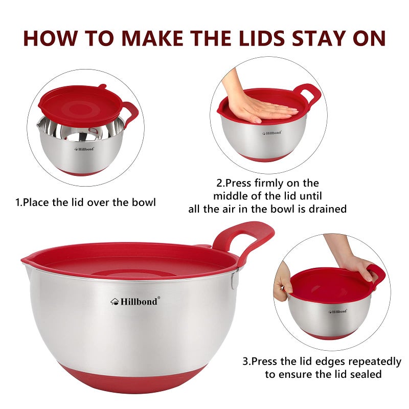 Hillbond Mixing Bowls with BPA Free Airtight Lids Nesting Bowls with Pour Spout, Silicone Handle and Non-Slip Bottoms for Baking, Stainless Steel Mixing Bowls Dishwasher Safe, 1.5, 3, 5 QT (Red) - Image 4